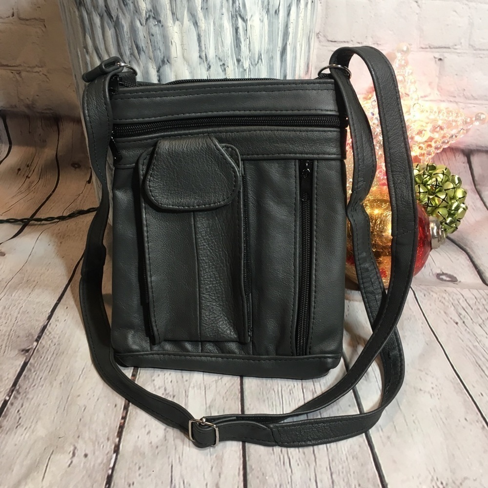 Gray leather functional pocket crossbody